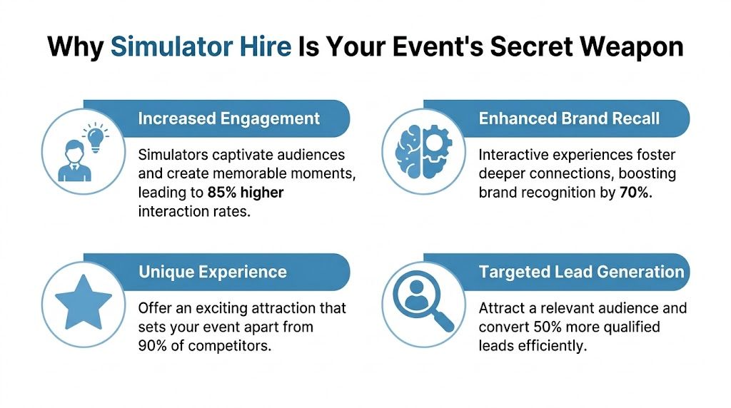 An infographic titled Why Simulator Hire Is Your Event's Secret Weapon detailing four benefits of simulator rentals.