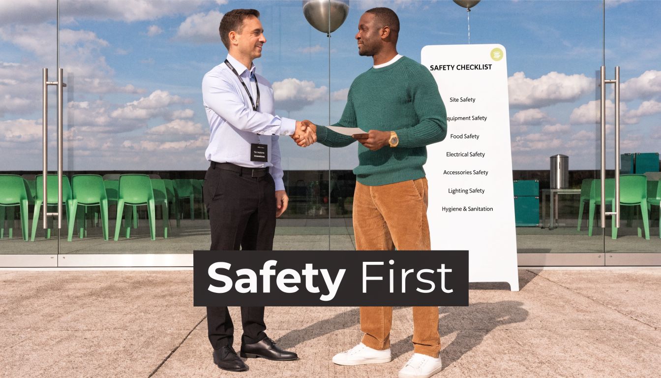 A professional handshake between two men outdoors next to a sign listing various safety checklist categories.