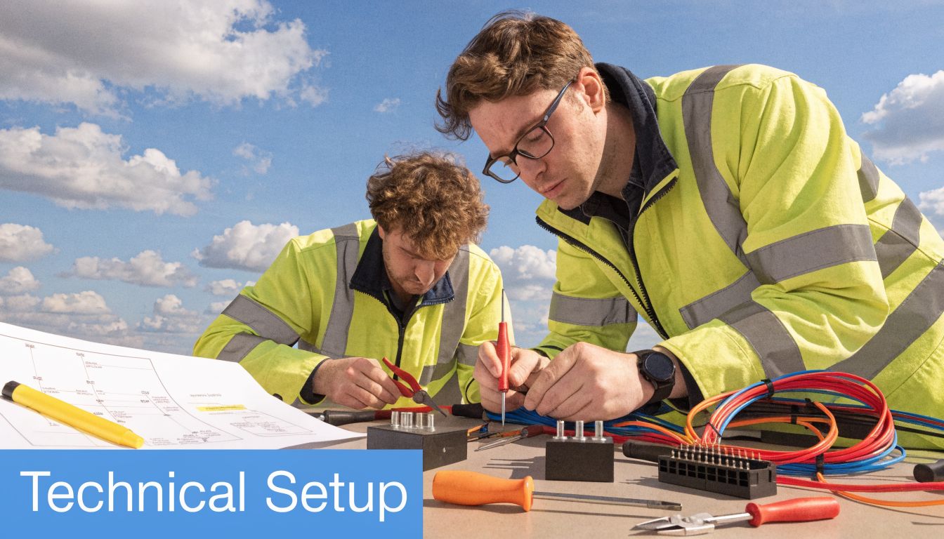 Two technicians in high-visibility safety jackets working on electrical equipment wiring with tools and technical diagrams.
