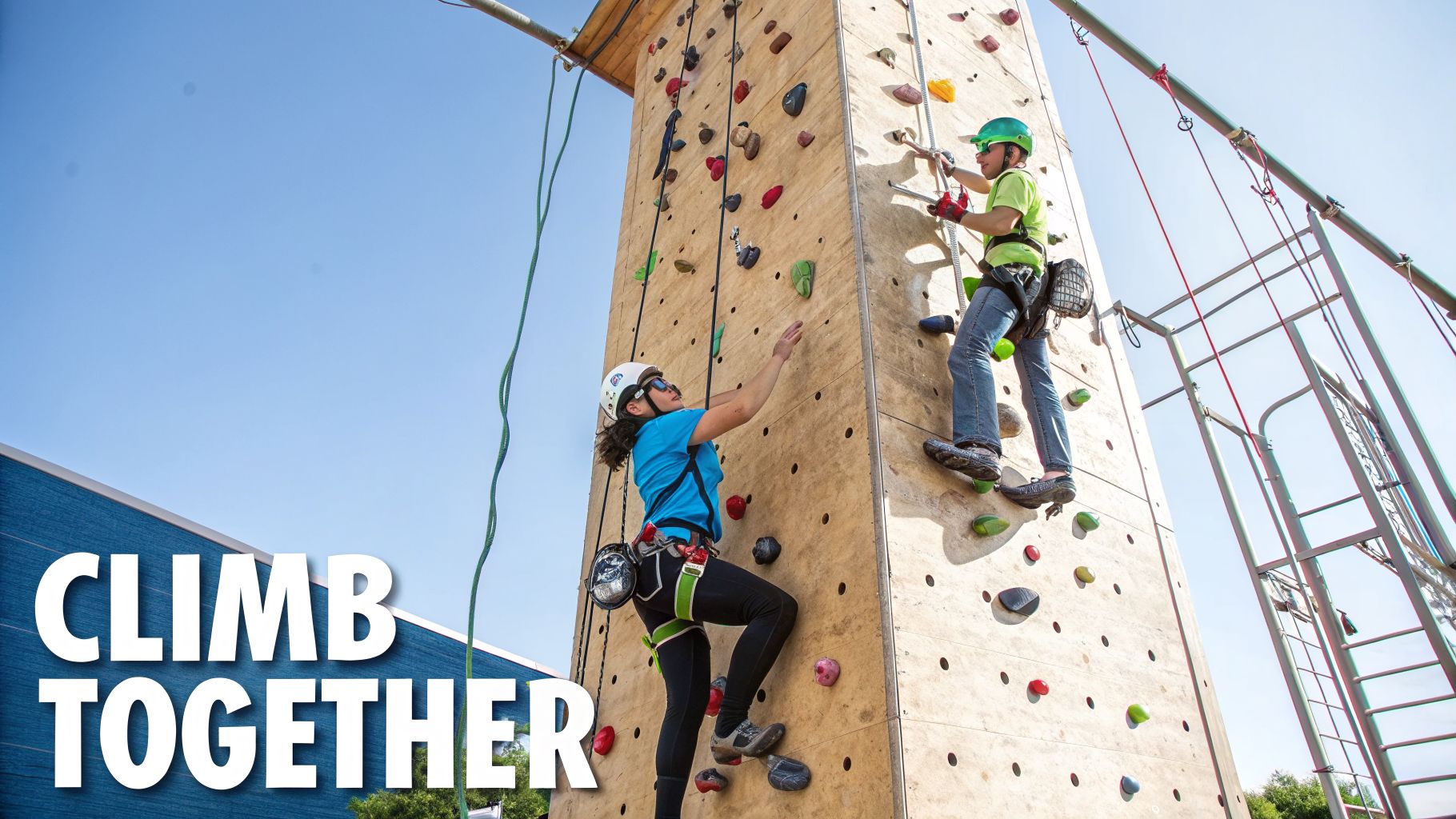 Two people, wearing helmets and harnesses, actively rock climbing on an outdoor wall under a clear blue sky.