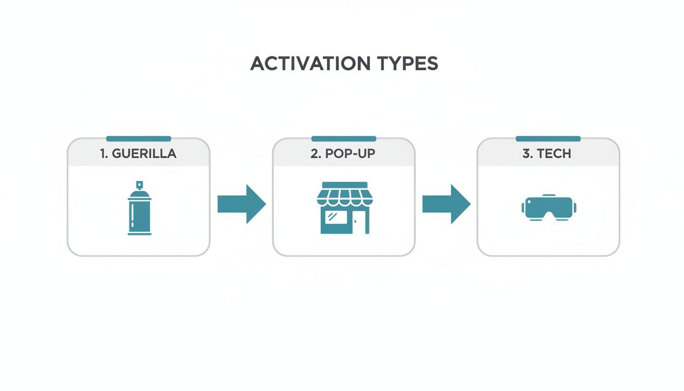 A diagram illustrates three activation types: Guerilla (spray can), Pop-up (storefront), and Tech (VR goggles).