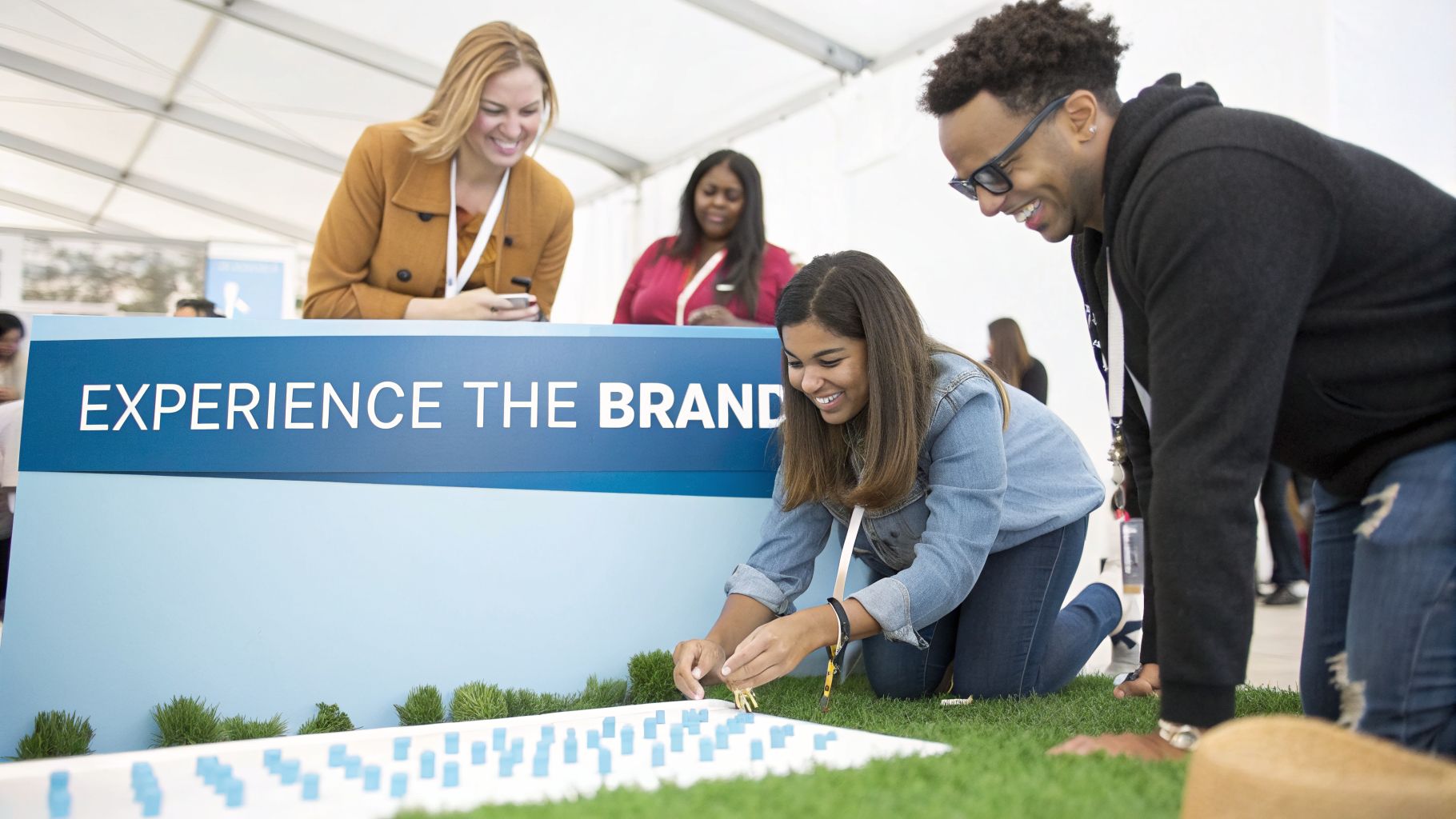 Diverse group of smiling people enjoying an interactive "Experience the Brand" exhibit at an event.