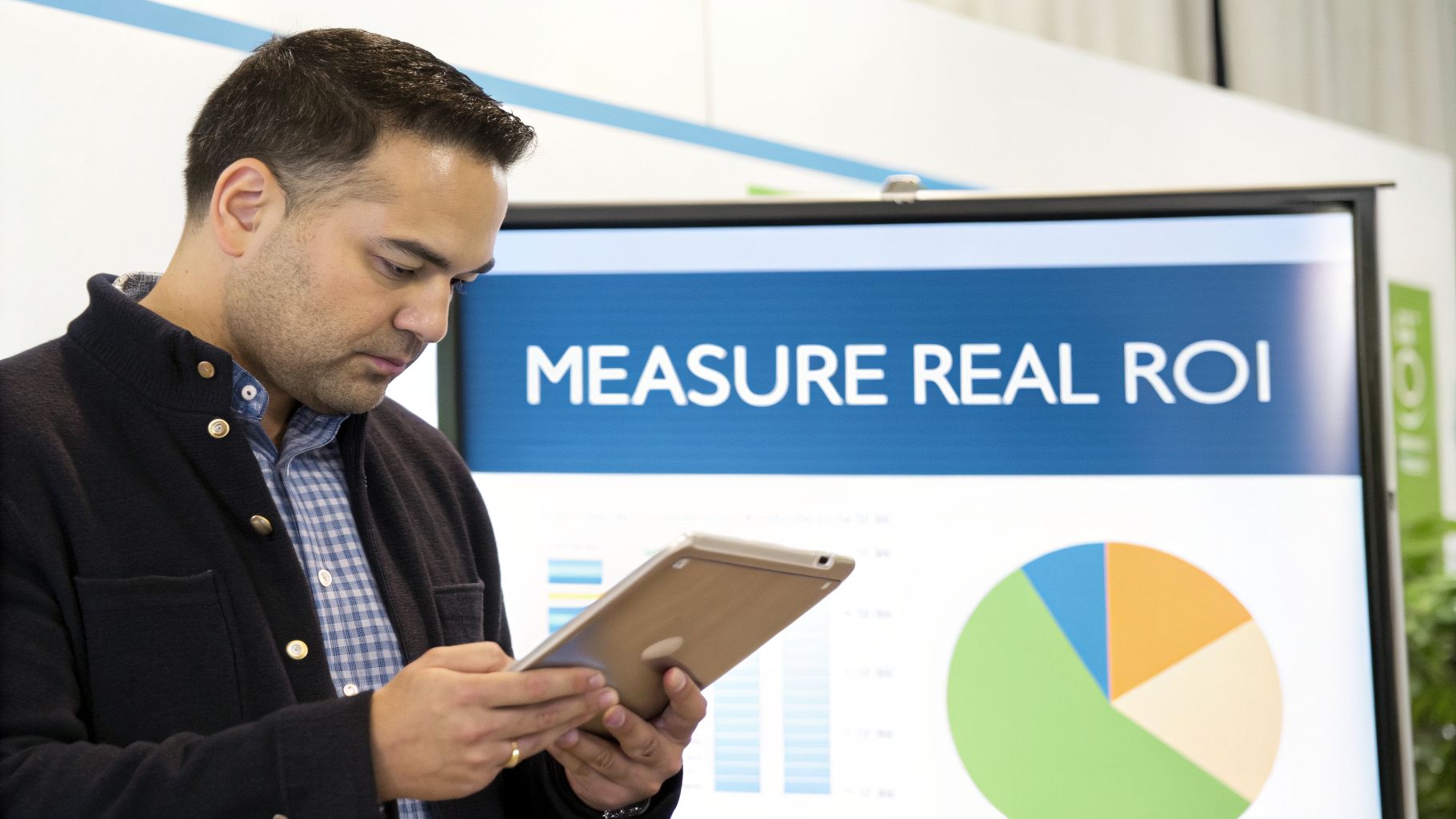 Professional man analyzing metrics on a tablet while a screen displays "MEASURE REAL ROI" and a pie chart.