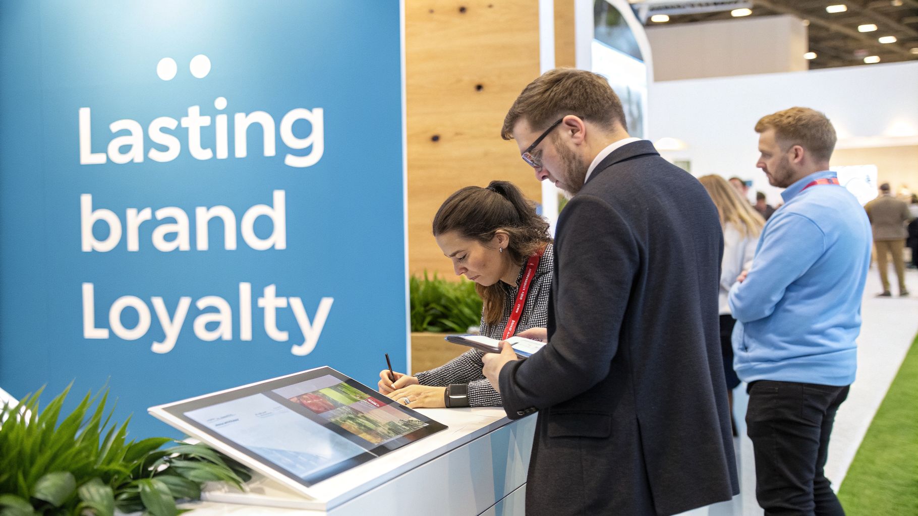 People engaging with an interactive display at a trade show, with 'Lasting brand Loyalty' text.