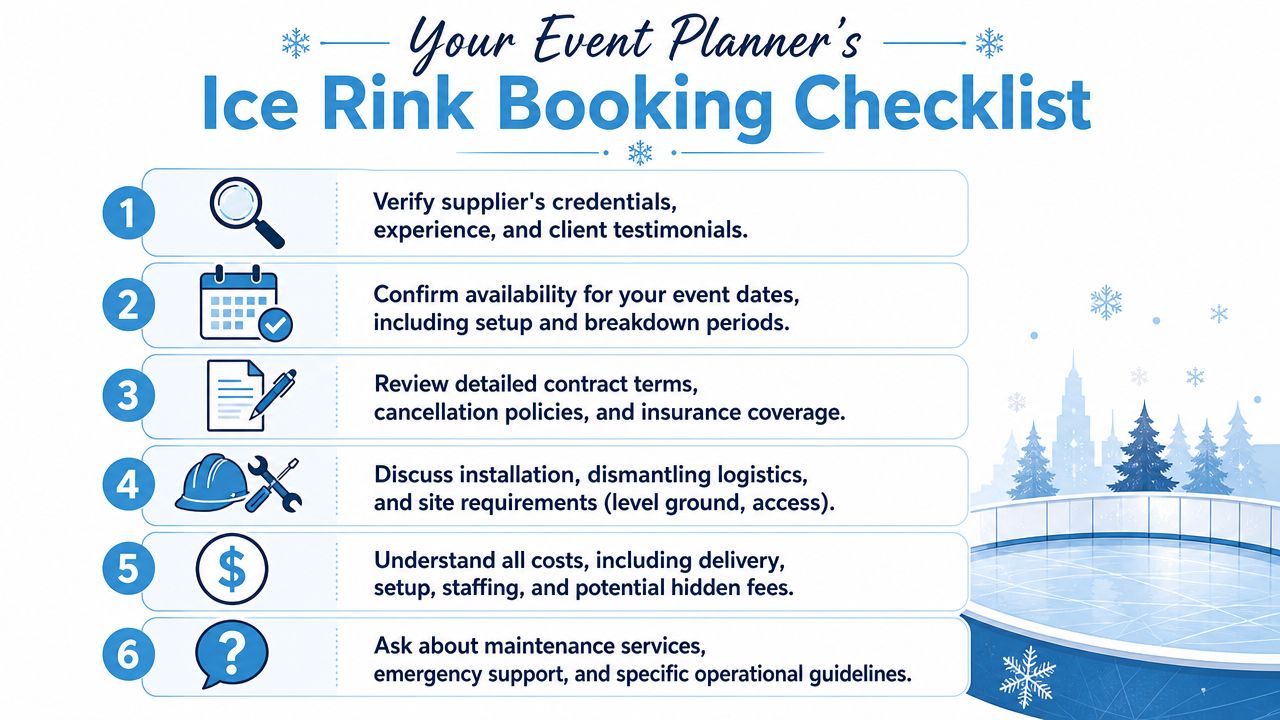 A professional infographic titled Your Event Planner's Ice Rink Booking Checklist with six essential steps for booking.