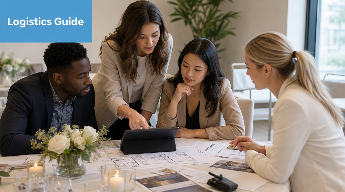 A professional team of business people having a collaborative meeting around a table with floor plans.