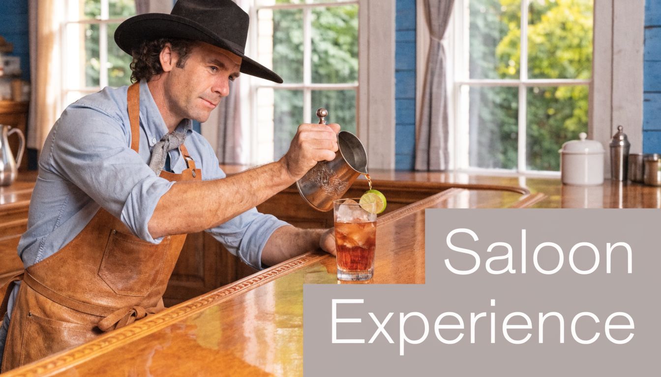 A professional bartender in a cowboy hat and leather apron pouring a drink at a wooden bar.