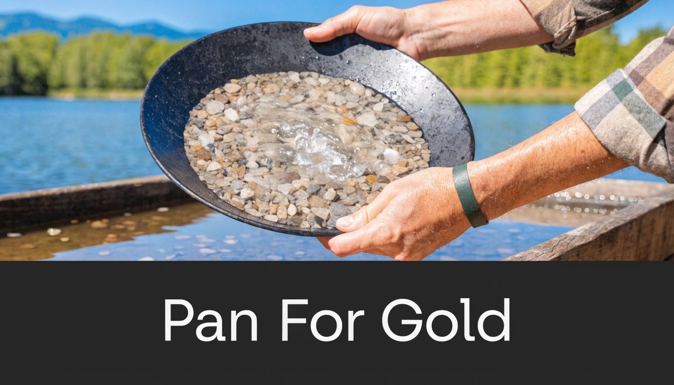 A person panning for gold in a river holding a black basin filled with water and rocks.