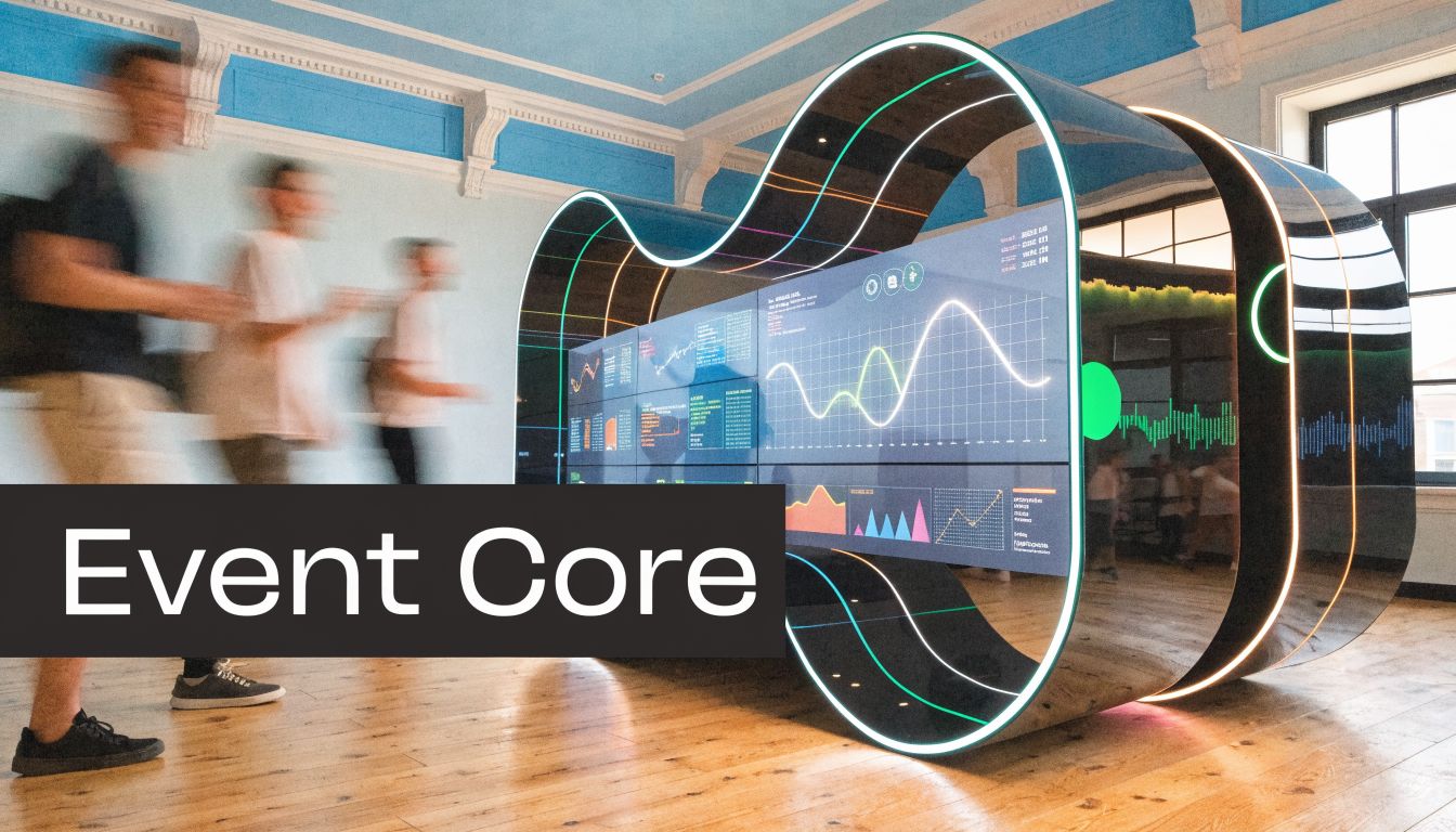 People walking past a futuristic interactive digital data display board in a modern office or event hall.