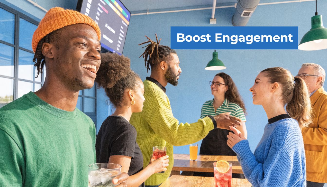 A diverse group of people socializing and holding drinks in a modern cafe with a digital menu.