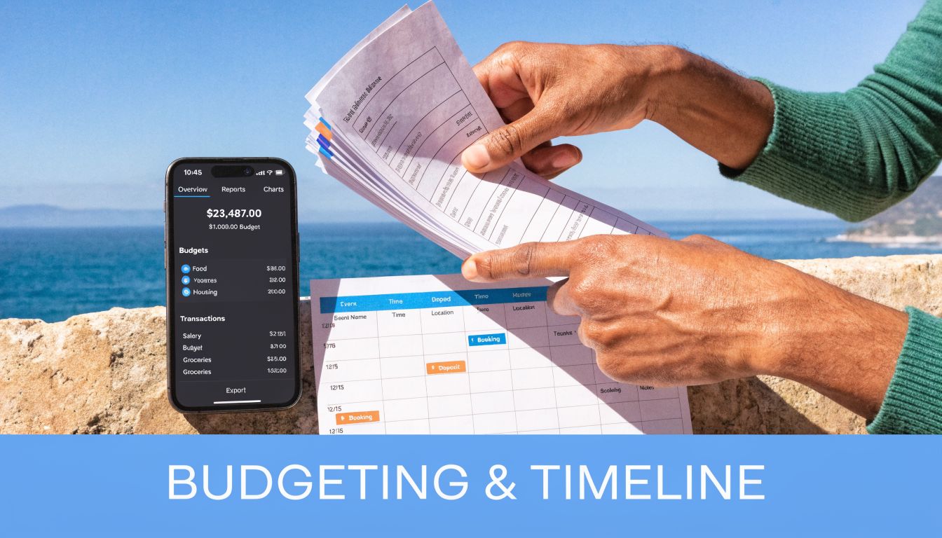 A person checking a budget on a smartphone while reviewing printed event planning papers overlooking the ocean.