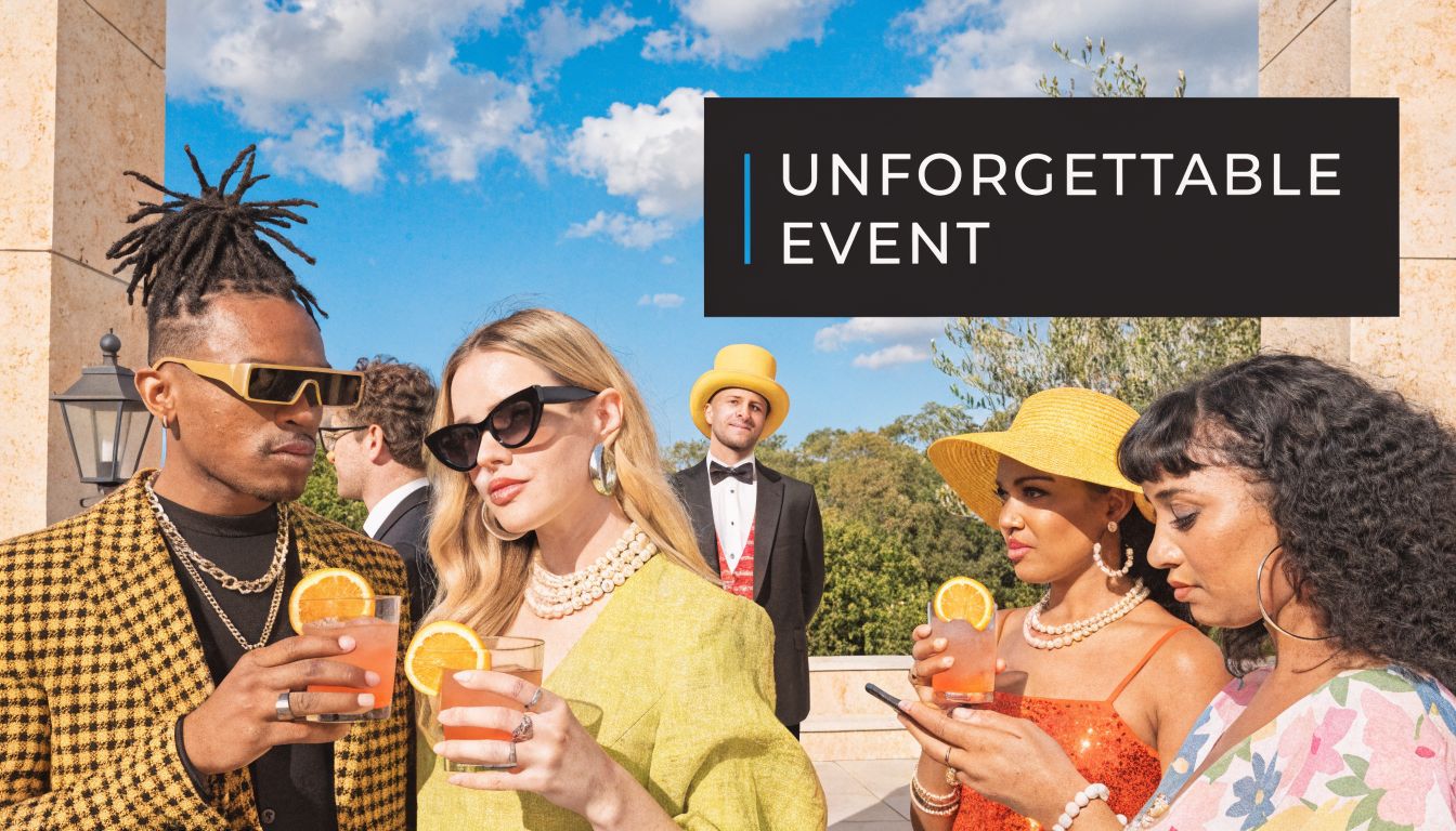 A diverse group of stylish friends dressed in festive attire enjoy cocktails at a sunny outdoor event.
