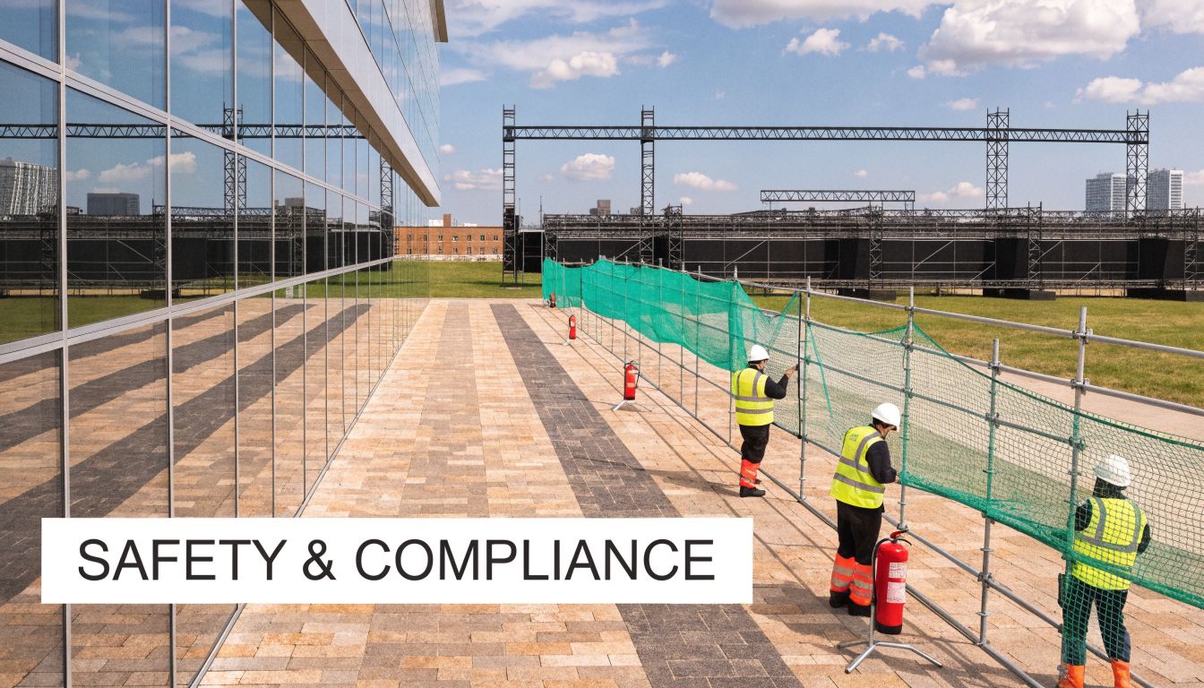 Construction workers in safety gear installing green safety fencing at an outdoor event setup.