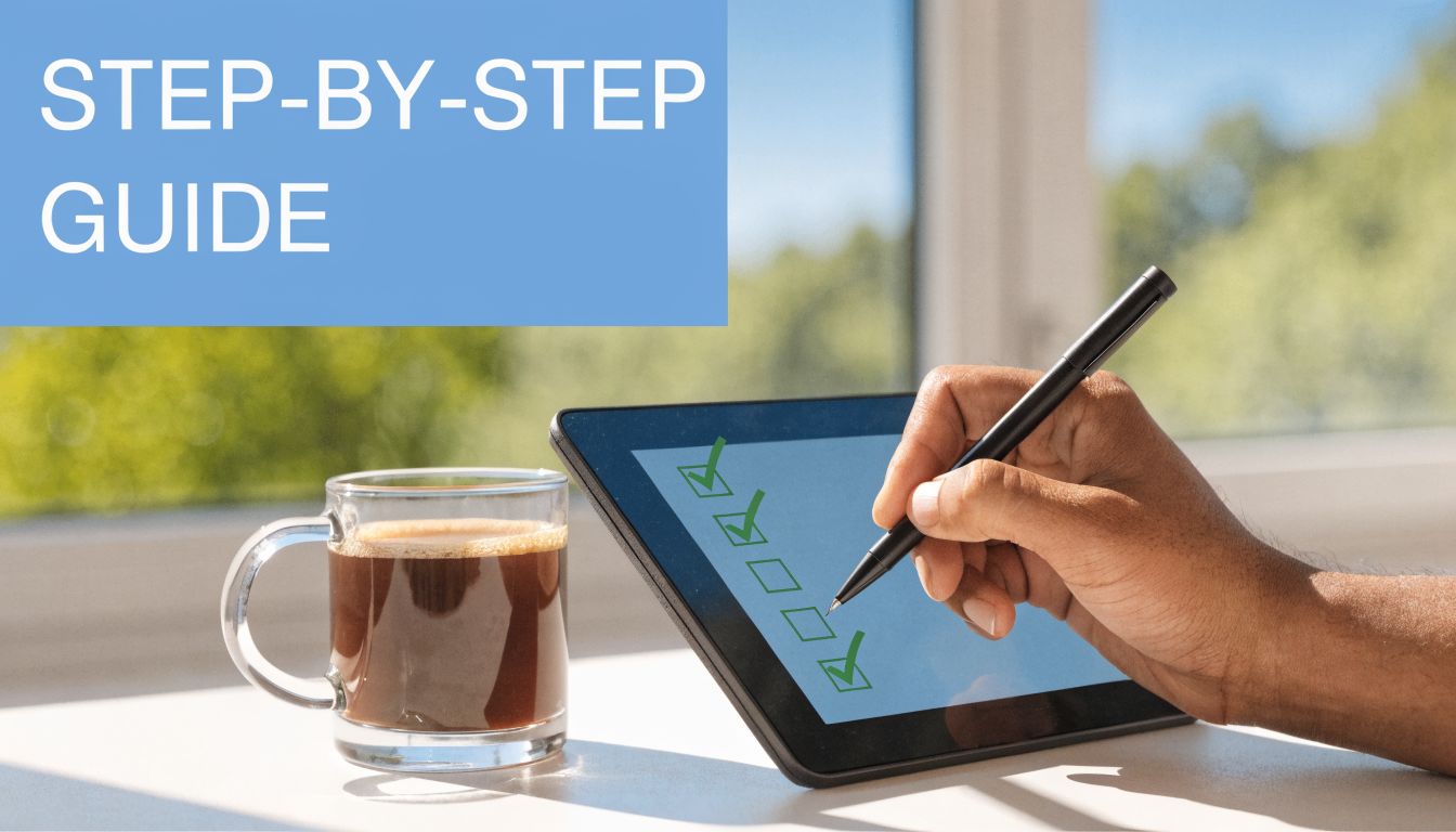 A person checking off items on a digital checklist on a tablet next to a coffee mug.