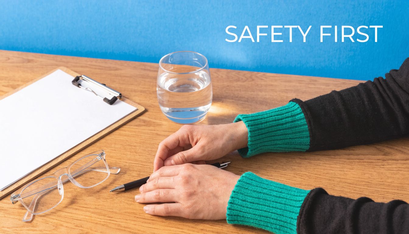 A person sitting at a wooden desk with a clipboard, glasses, and a glass of water.