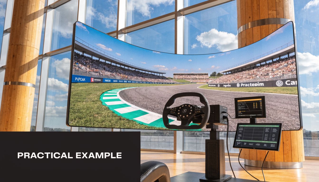 A professional racing simulator setup featuring a large curved monitor in a modern sunlit office space.