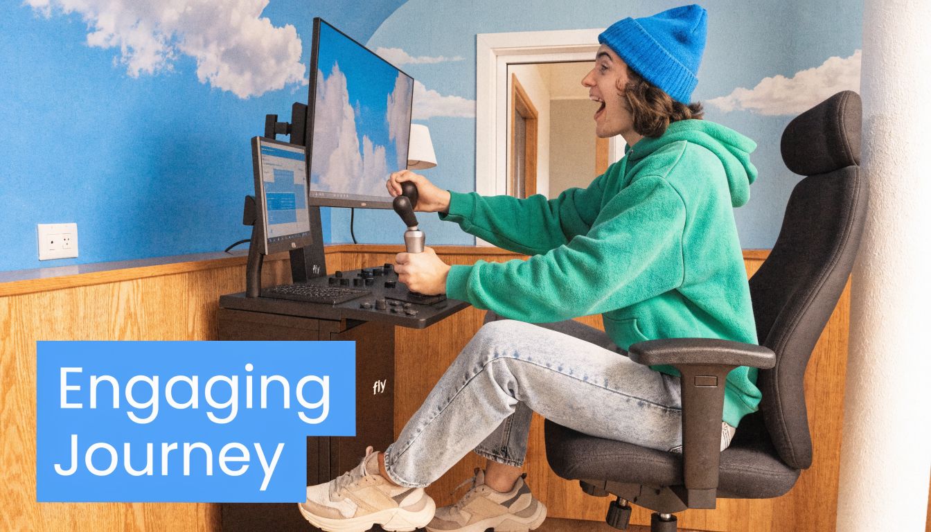 A person wearing a blue beanie and green hoodie excitedly using a professional flight simulator desk setup.