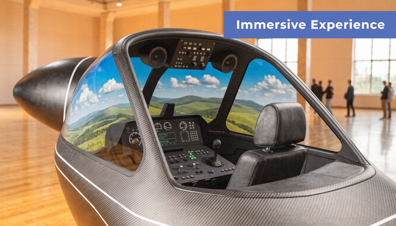 A sleek, modern flight simulator cockpit setup displayed in a spacious, light-filled hall for an immersive experience.