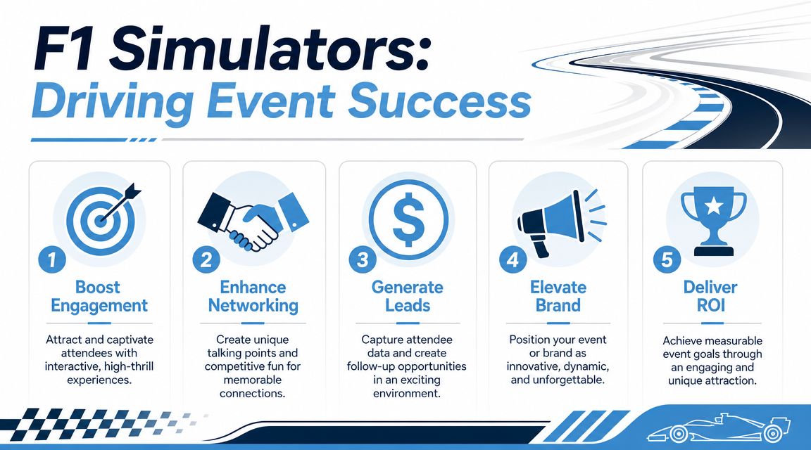 A professional infographic highlighting five key business benefits of utilizing Formula 1 car simulators for event marketing.