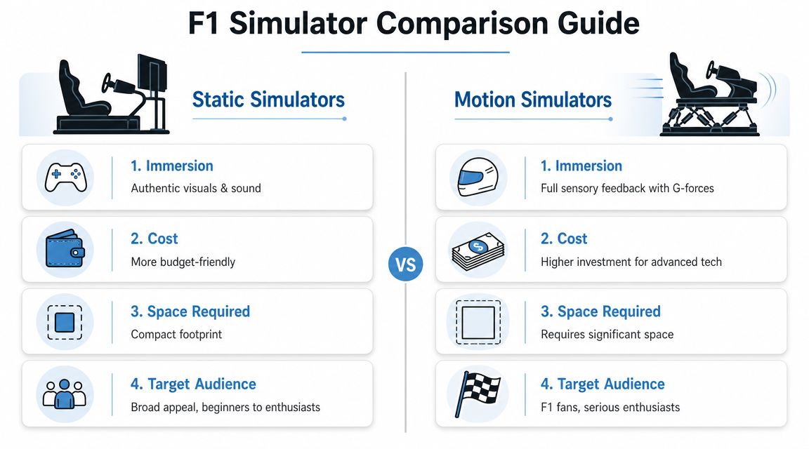 A comparison guide illustrating the differences between static and motion F1 racing simulators for racing enthusiasts.