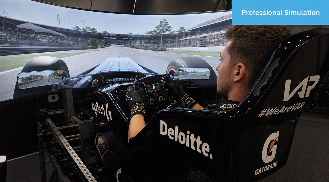 A professional racing simulator setup showing a driver in a Formula 1 cockpit with a curved screen display.
