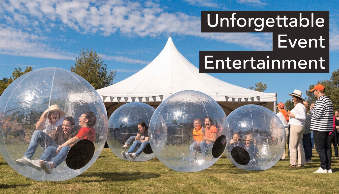 People laughing inside large transparent inflatable bubble balls during an outdoor event in a grassy field.