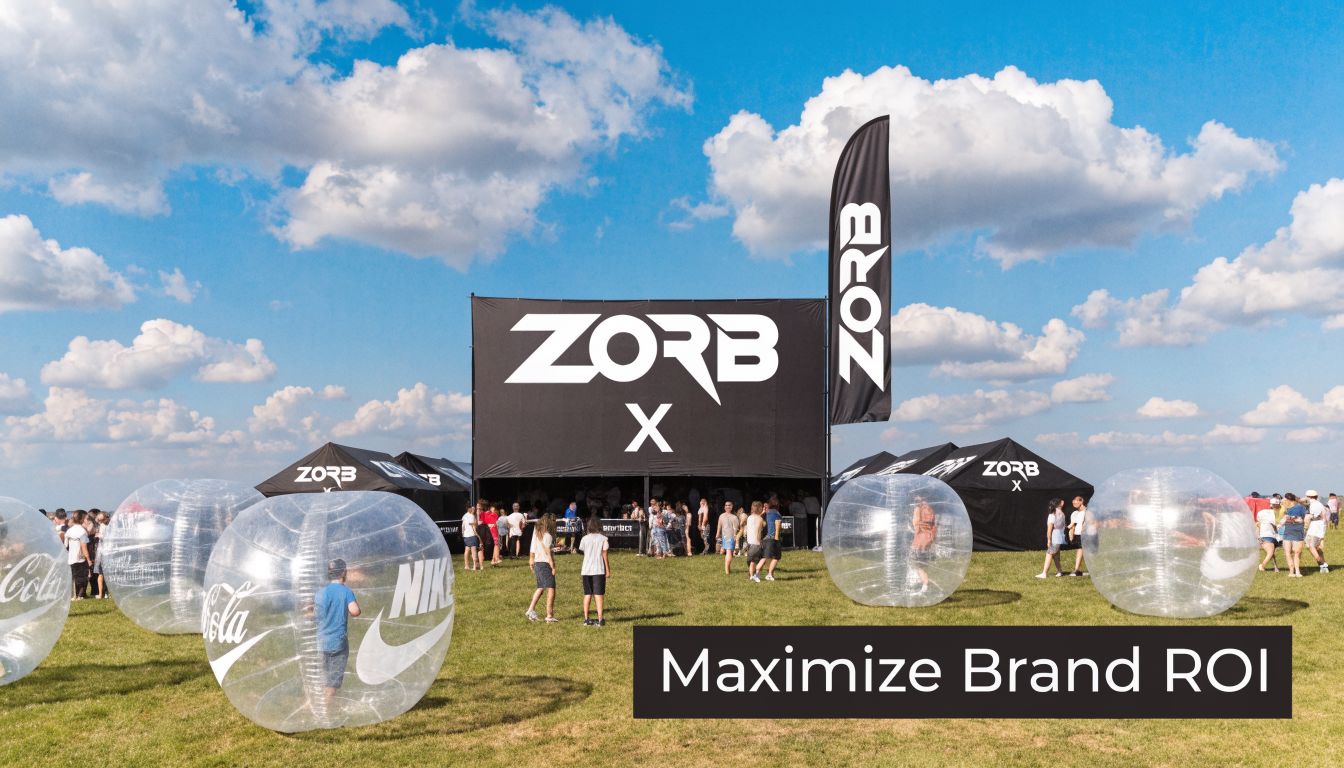 People playing in transparent zorb balls at a sunny outdoor brand activation event with tents.