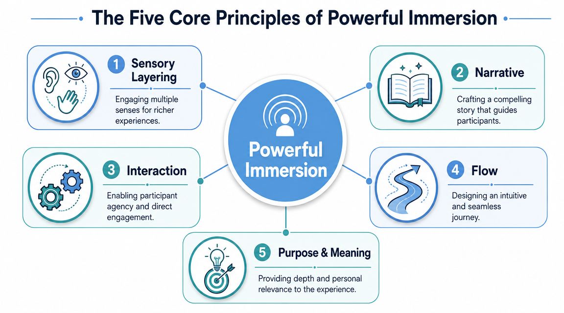 A diagram illustrating the five core principles of powerful immersion, including sensory layering, narrative, interaction, flow, and purpose.