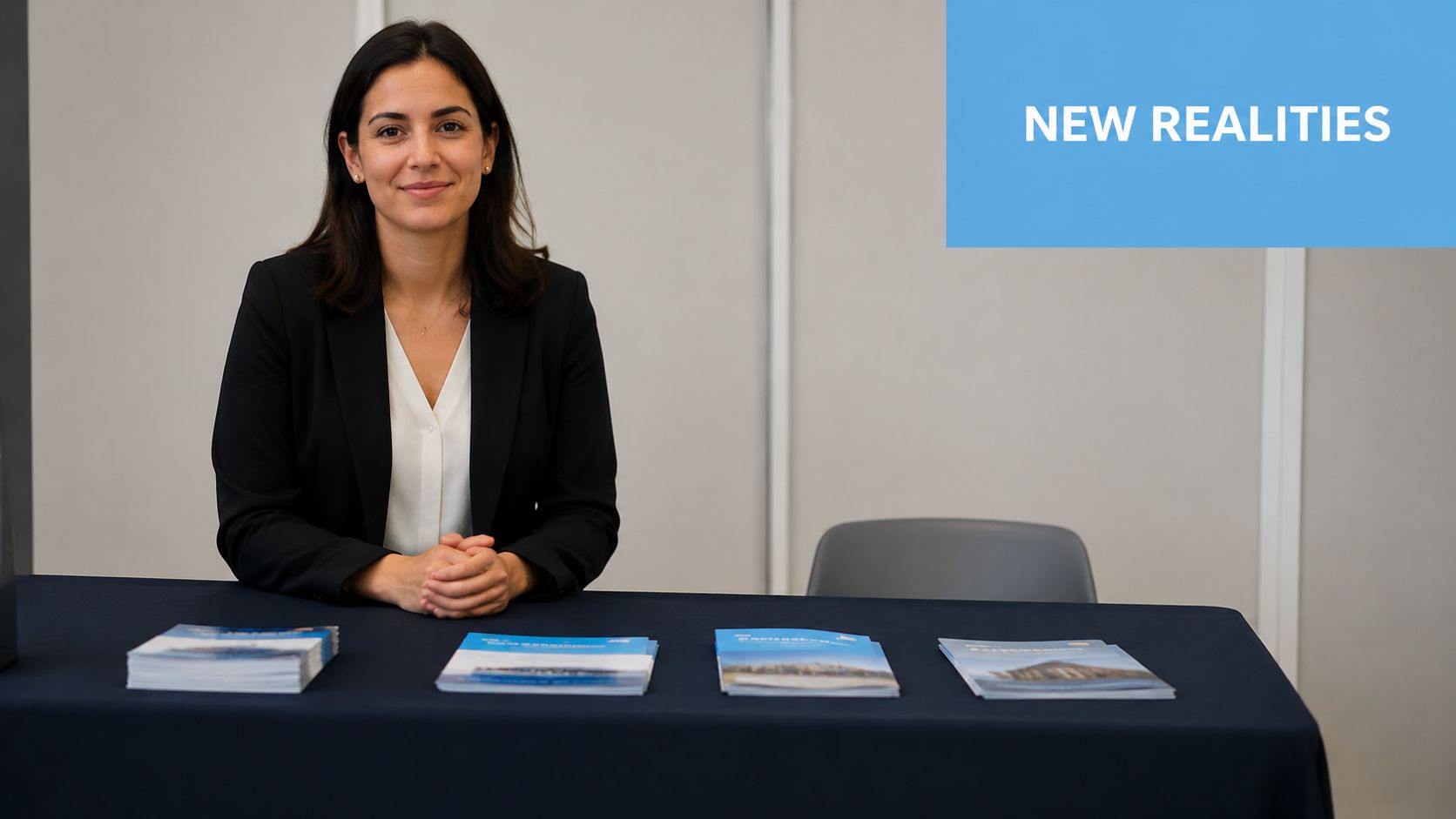 A professional woman sitting at a booth table with brochures, representing immersive experience design and new realities.