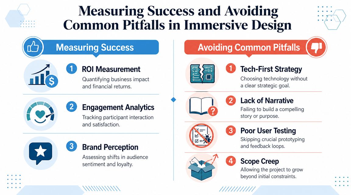 An infographic titled Measuring Success and Avoiding Common Pitfalls in Immersive Design with lists of key factors.