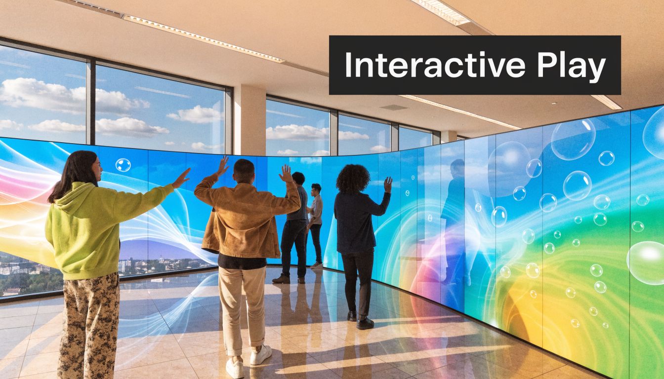 A group of people interact with a large digital projection wall featuring colorful abstract bubble graphics.