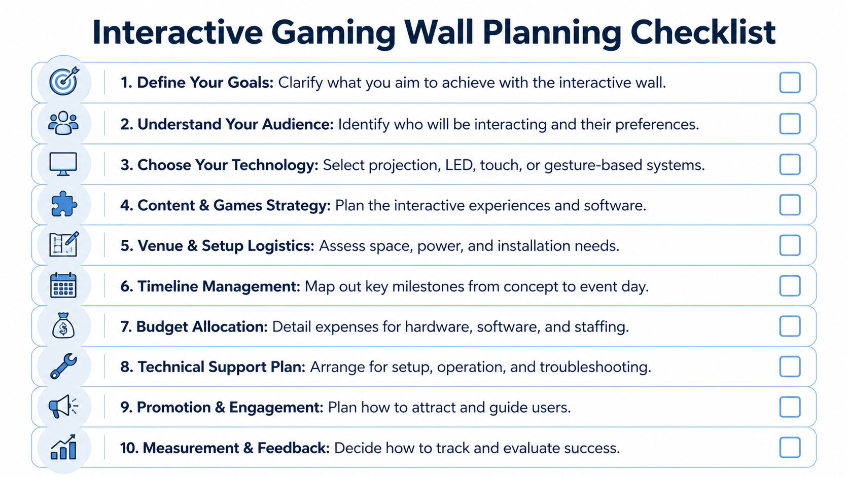 A ten-step checklist for planning an interactive gaming wall including goal setting, technology, and budget considerations.