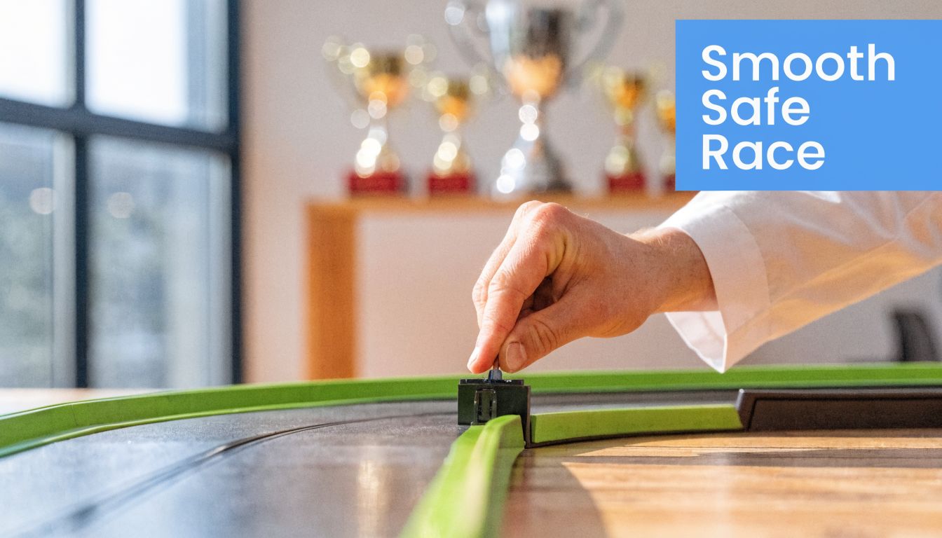 A hand adjusts a slot car track piece on a table with trophies in the background.