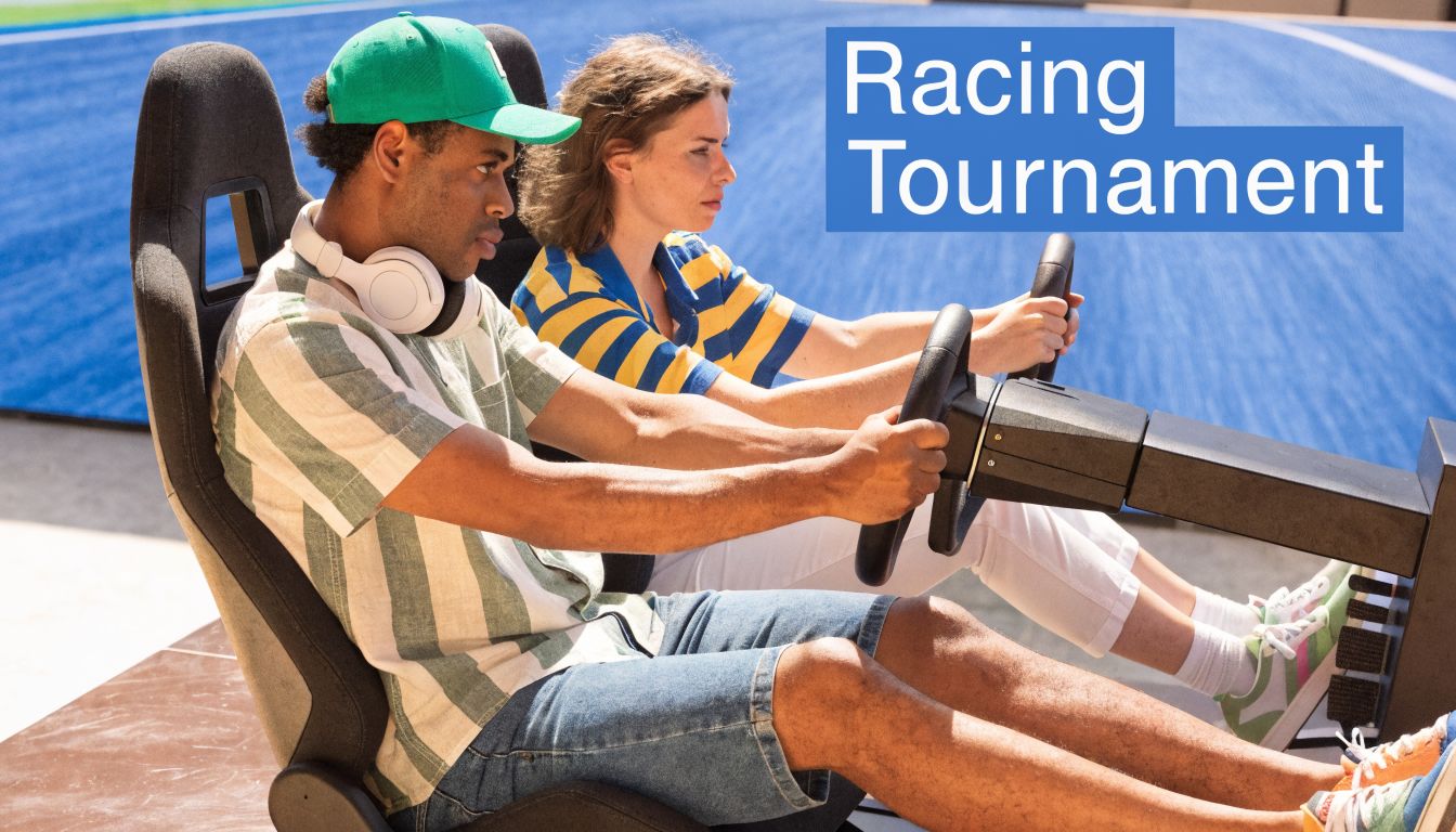 A man and woman sitting in racing simulation seats, focused on playing a competitive driving game.