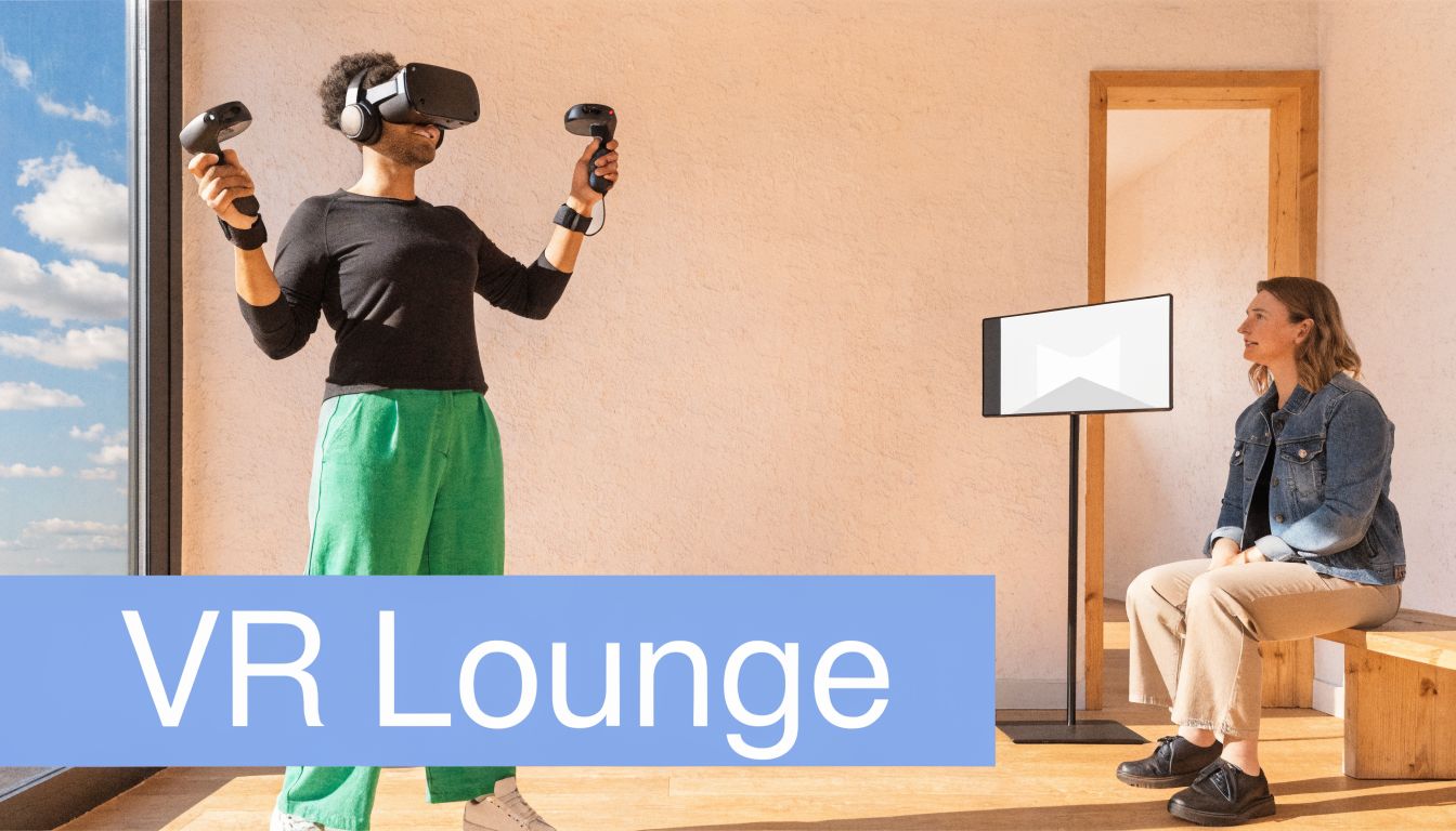 A person wearing a VR headset and controllers standing near a woman sitting on a wooden bench.