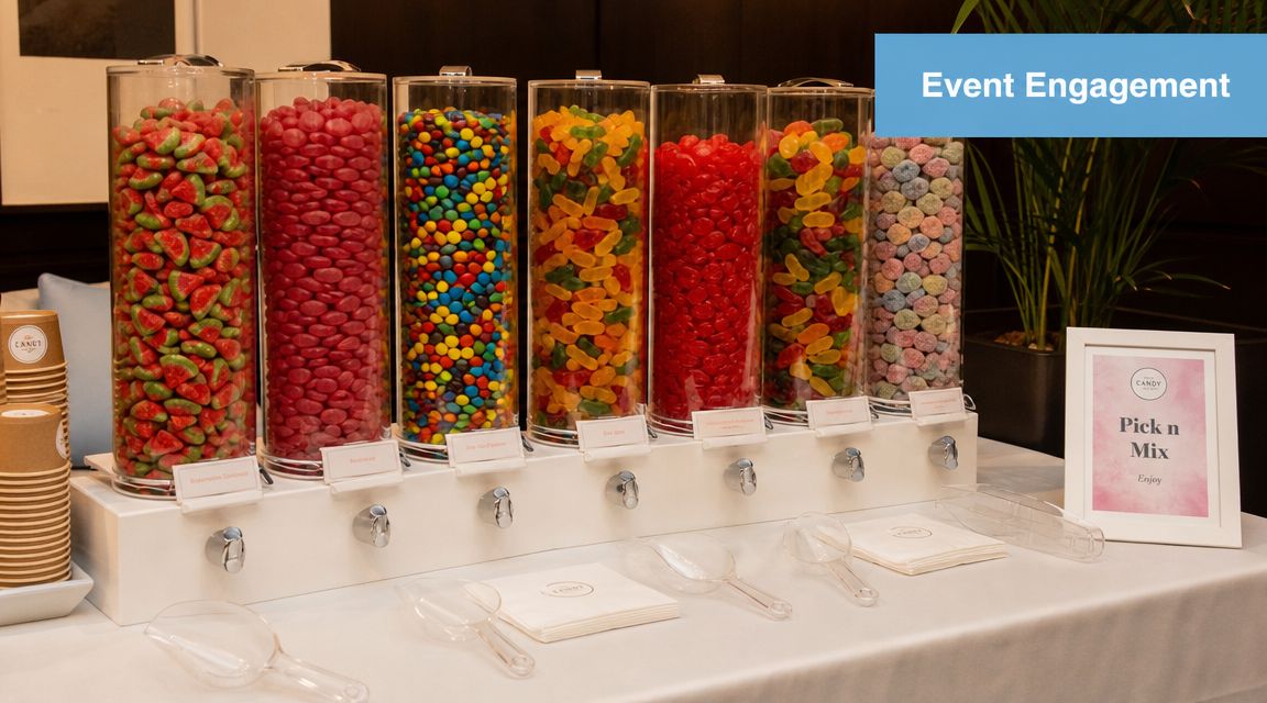 A candy buffet display featuring multiple clear dispensers filled with various colorful sweets on a table.