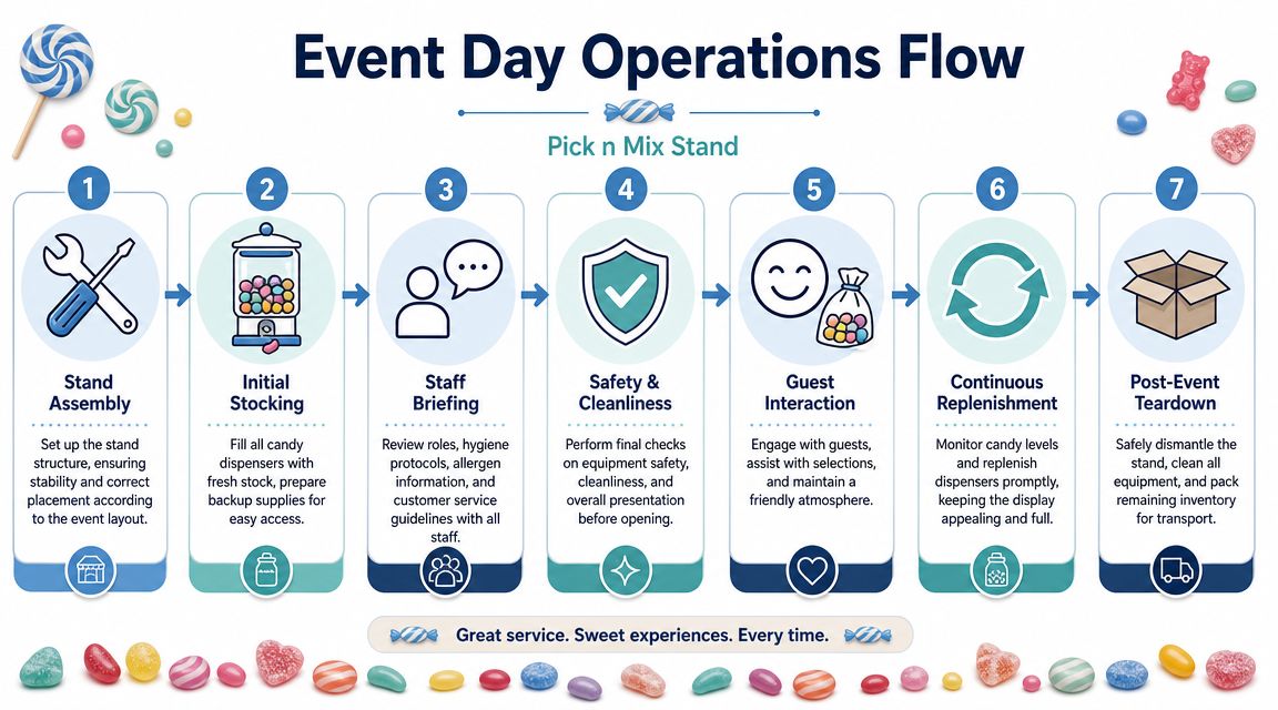 A seven-step operational flow chart illustrating the process of setting up and managing a candy pick n mix stand.