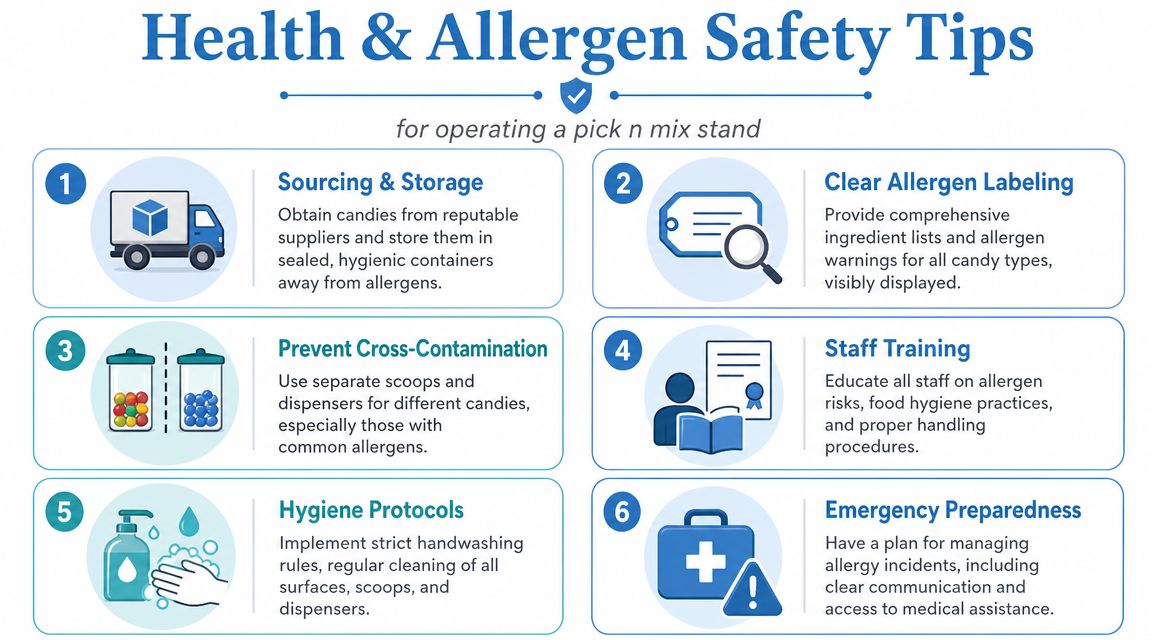 An infographic detailing six essential health and allergen safety tips for operating a pick n mix stand.