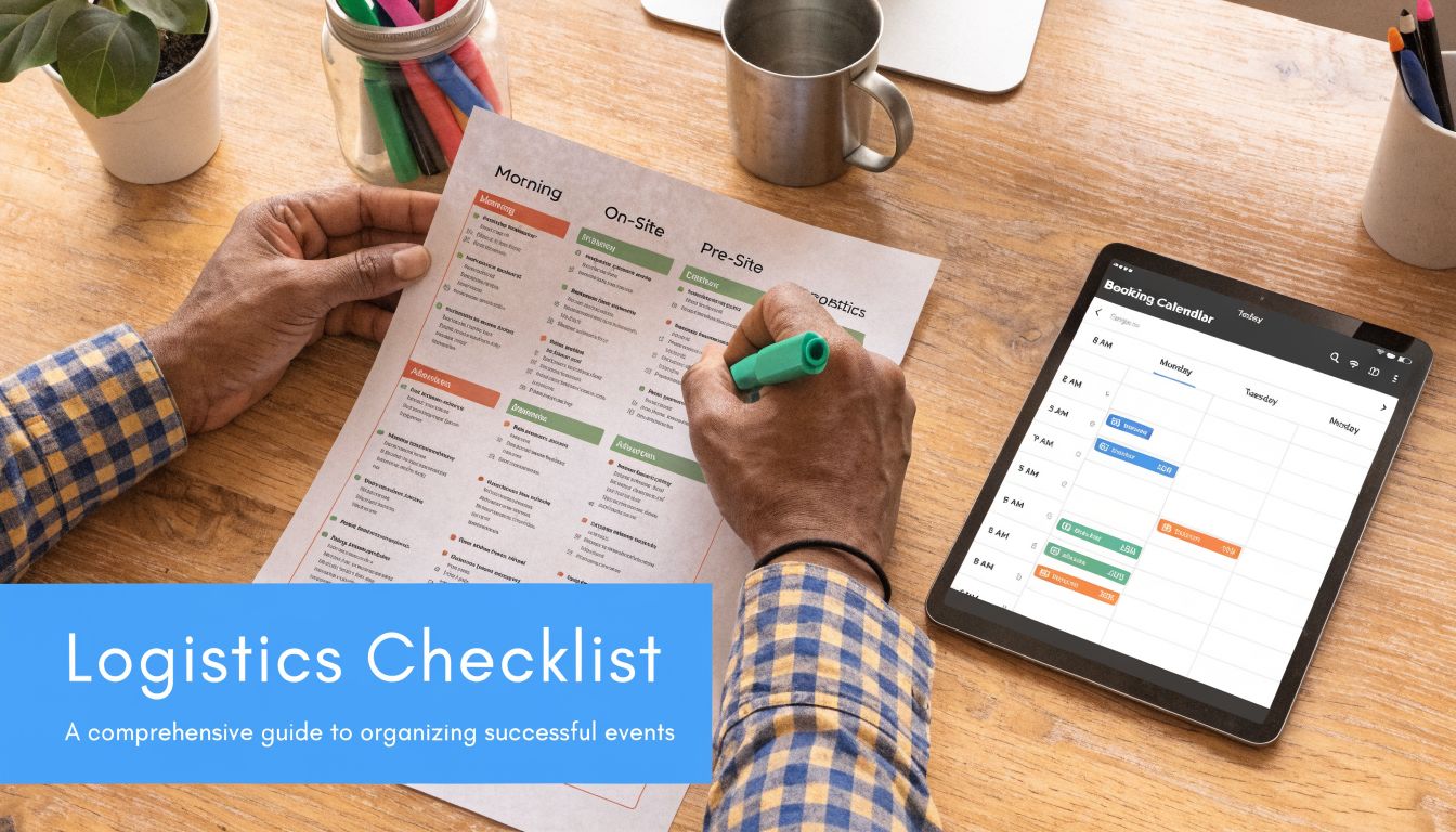 A person writing on a logistics event checklist document next to a digital tablet displaying a calendar.