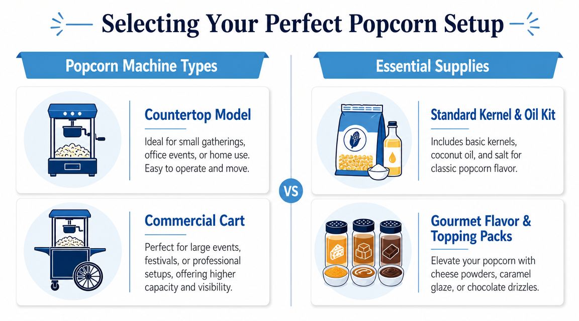 A comparison chart showing popcorn machine types and essential supplies for setting up a popcorn stand.