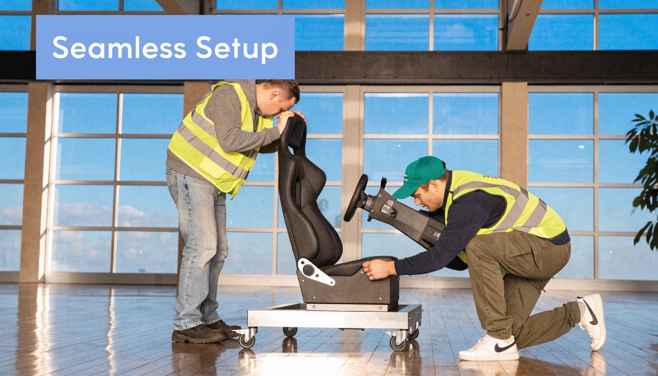 Two technicians in safety vests assembling a professional racing simulator chair in a bright, modern room.