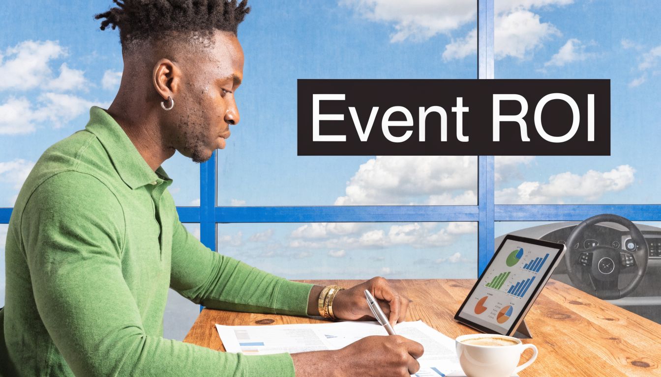 A man in a green shirt analyzing financial event ROI charts while sitting at a wooden desk.