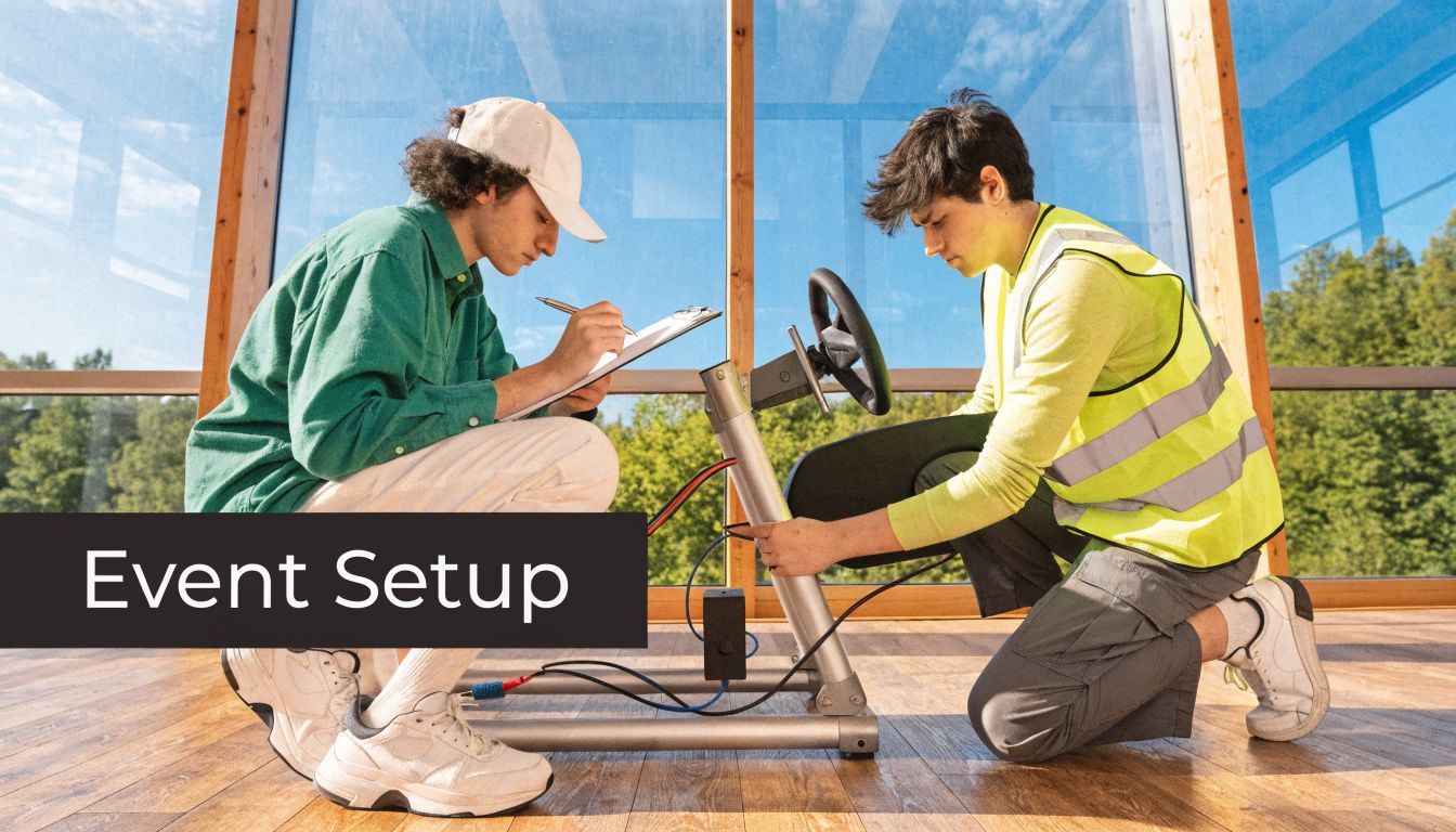 Two technicians preparing a racing simulator rig on a wooden floor in a bright, modern room.