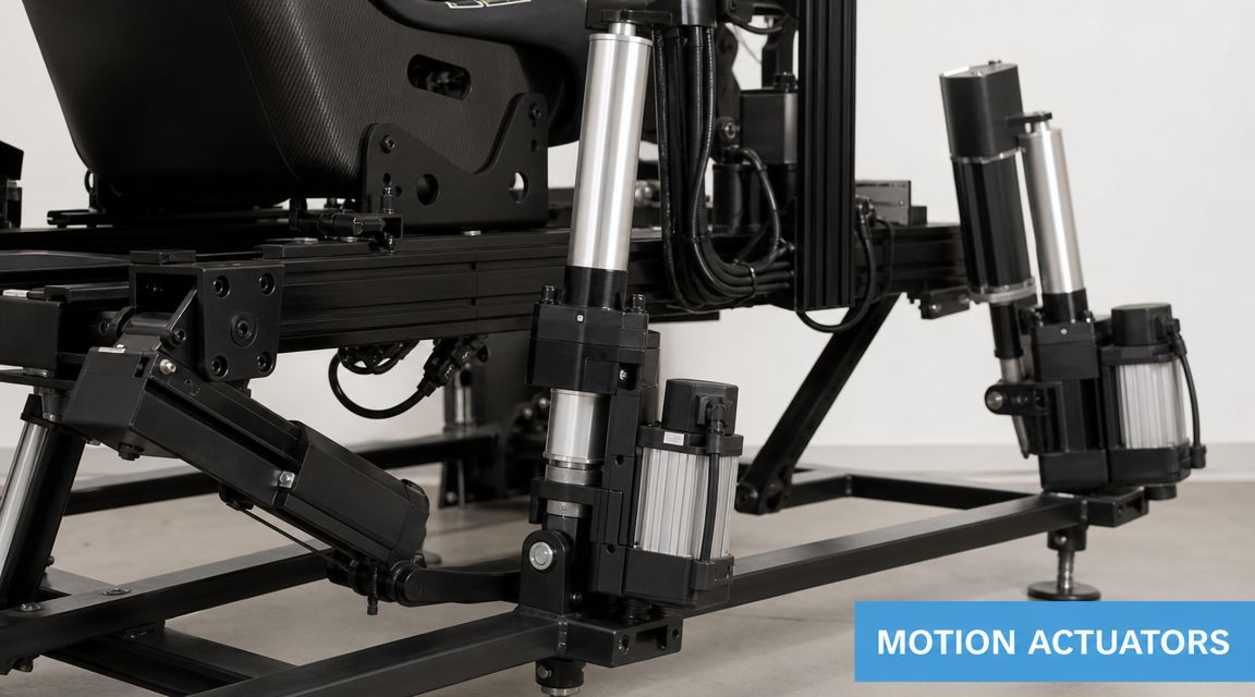 Close-up of industrial electric linear motion actuators installed on a high-end racing simulator rig frame.