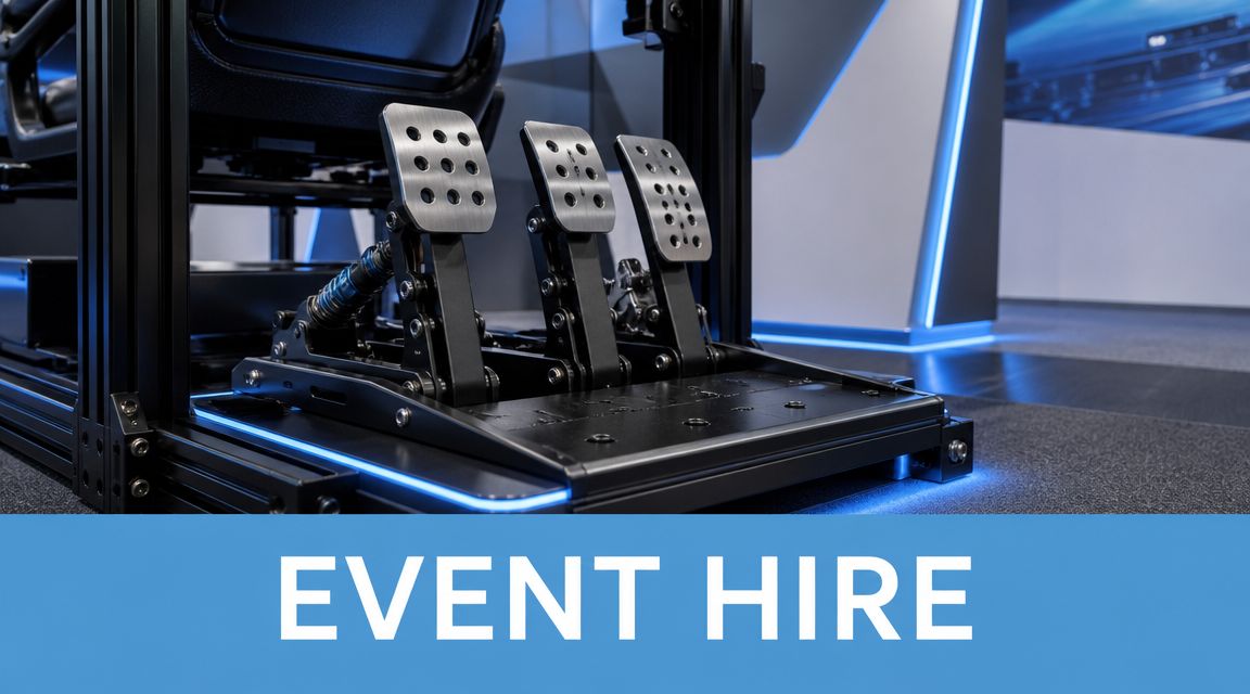 Close-up of high-end racing simulator pedals with metallic plates and a sturdy frame for virtual driving.