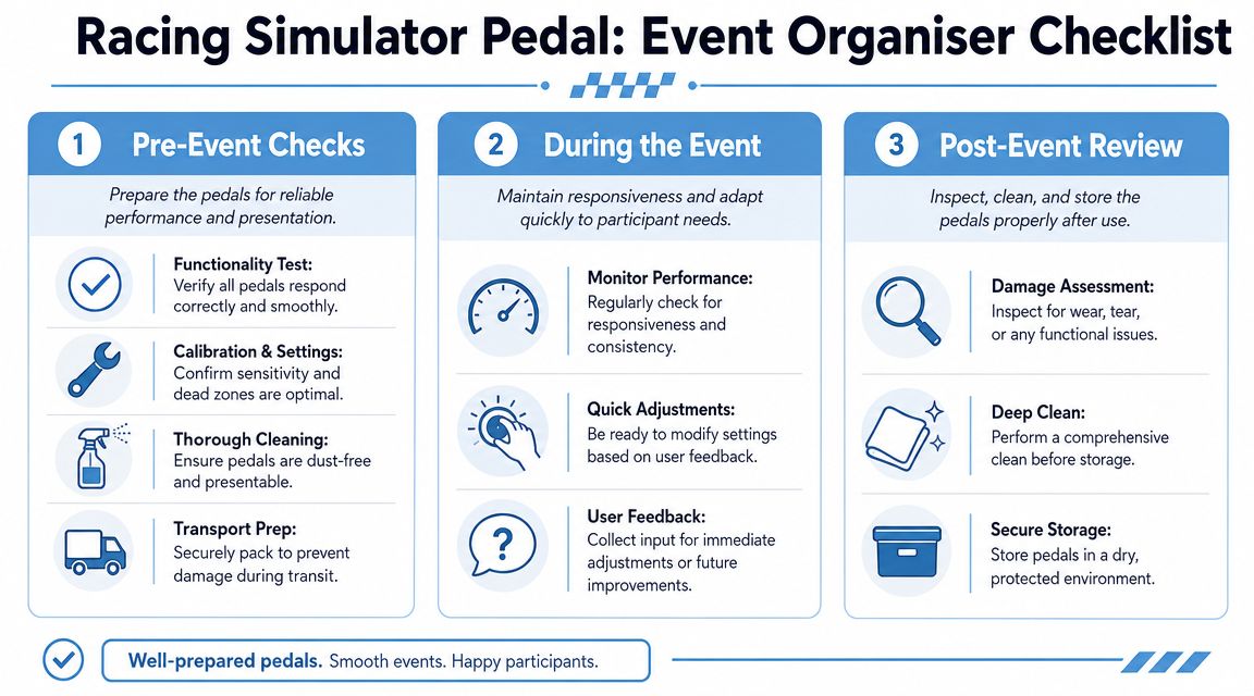 A checklist for event organizers outlining pre-event, during-event, and post-event maintenance tasks for racing simulator pedals.