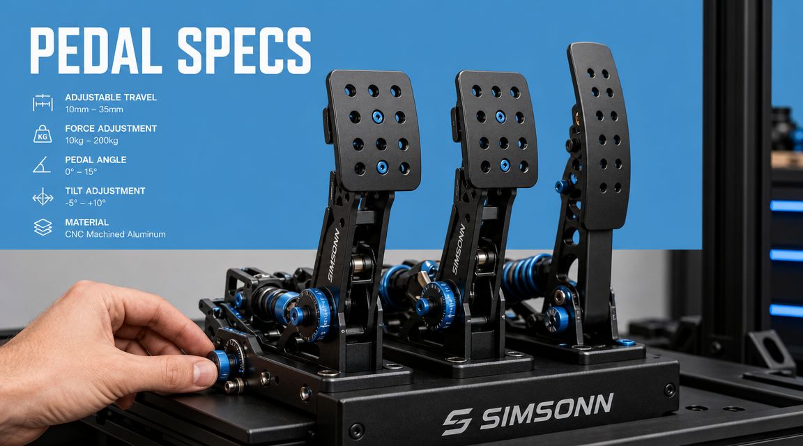 A close-up view of SIMSONN racing simulator pedals with technical specifications displayed in the background.