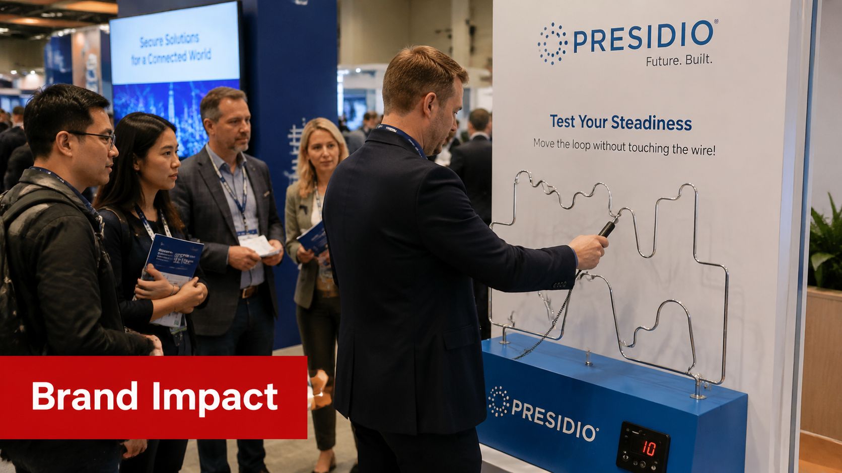 A professional man participates in a steady hands wire loop game at a corporate trade show booth.