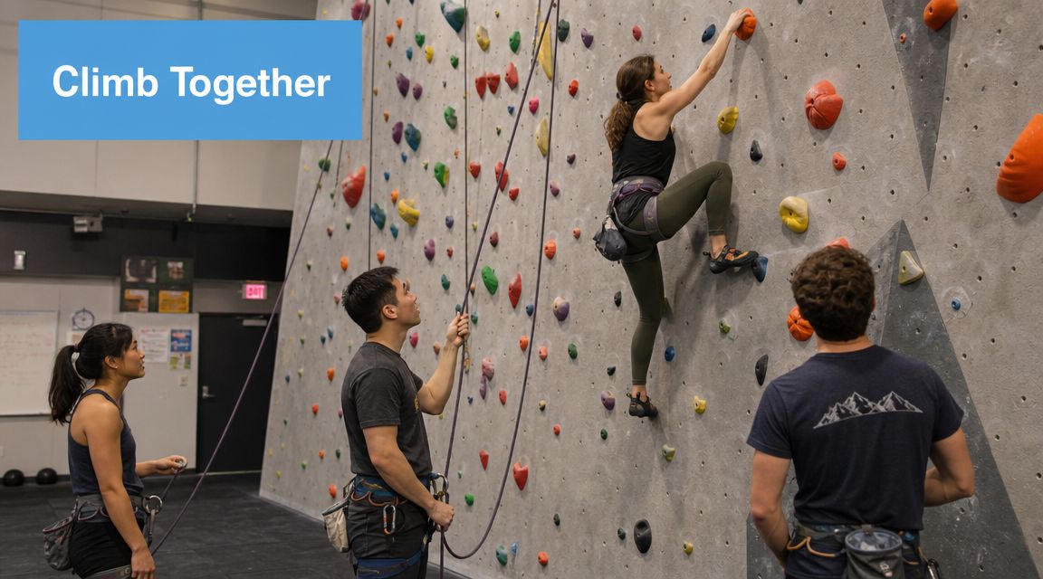 A woman rock climbing while her two teammates belay and spot her in an indoor gym.