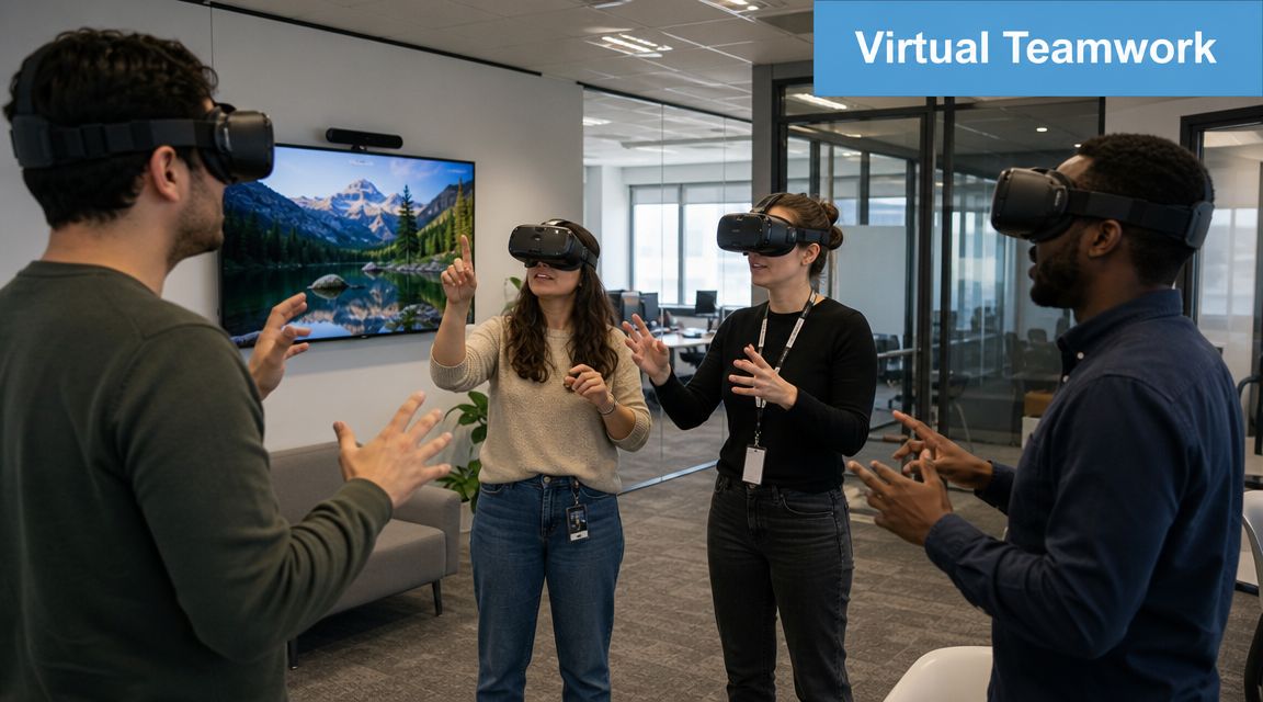 A diverse group of colleagues wearing virtual reality headsets while collaborating in a modern office space.
